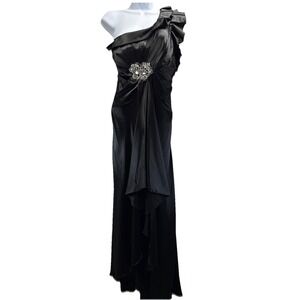 milano formals prom dresses MILANO FORMALS Women's Split Lace Strapless Rhinestoned Formal Evening Dress Prom